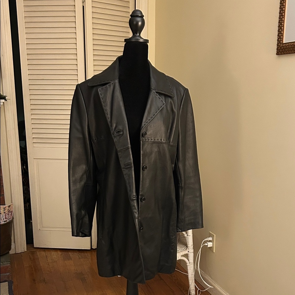 Anne Klein Black Leather thigh length jacket